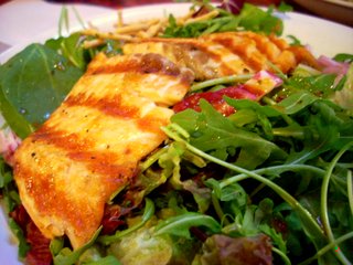 salmon Charlie's Kitchen: A salmon salad, fish a bit overcooked, mostly to assuage my guilt about sharing a lobster roll with my friend. Look, green things!