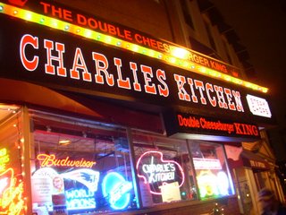 dscn20661 Charlie's Kitchen, sort of like a divier version of your traditional neighborhood diner. They play too-loud indie rock music and the condiments come in a cardboard six pack container on each table, which looks, at first and second glance, a lot like they left a pile of trash and forgot to clean it up. Would be an attractive option if inebriated, or want to skip the pseudo-good-for-you-ness of B.Good and just want an unapologetically greasy plate of food.