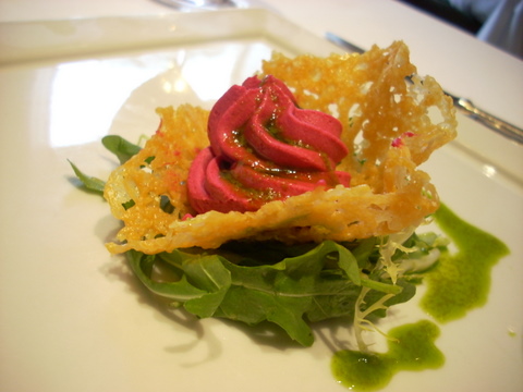Beet mousse, parmesean crisp