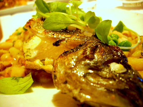 dscn2695 Roasted whole trout, beans, peas, bacon