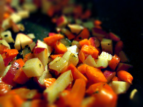 veggies Softening the potatoes, carrots, and onions for the split pea soup.